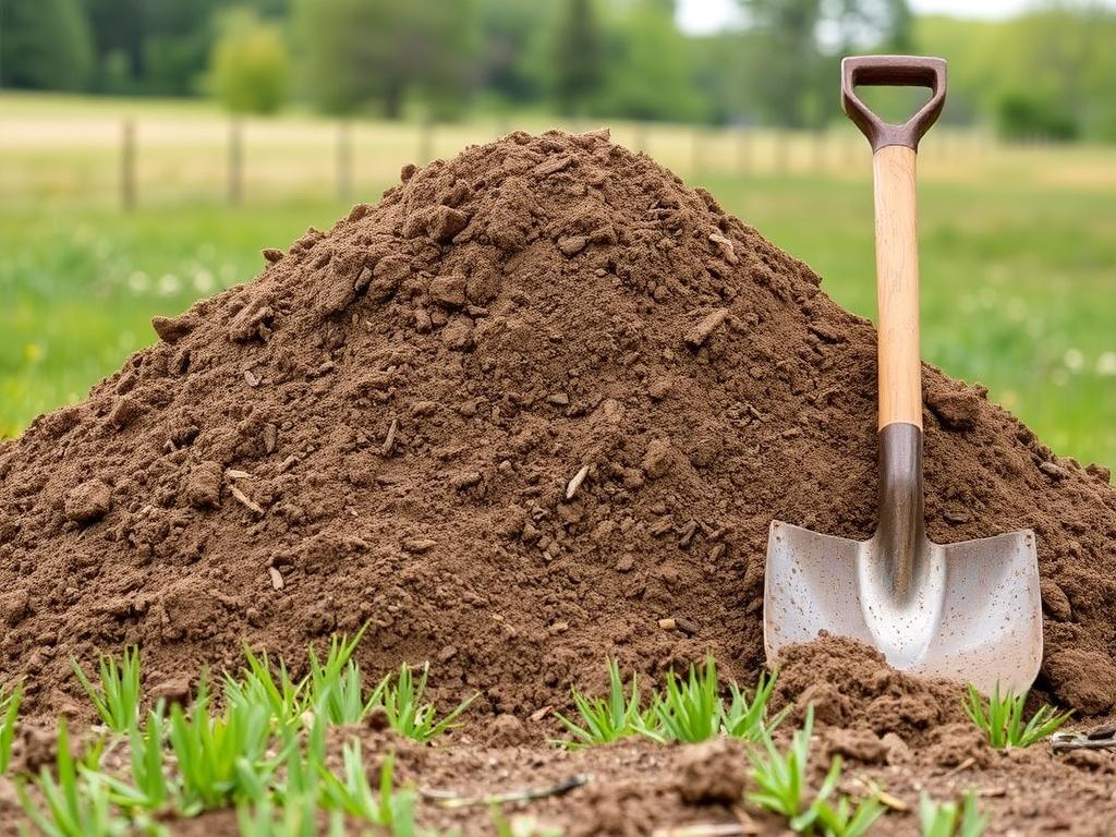 A large pile of premium screened topsoil, with a rustic shovel leaning against it, set in a natural landscape background with green grass and trees, showcasing earthy textures and tones.