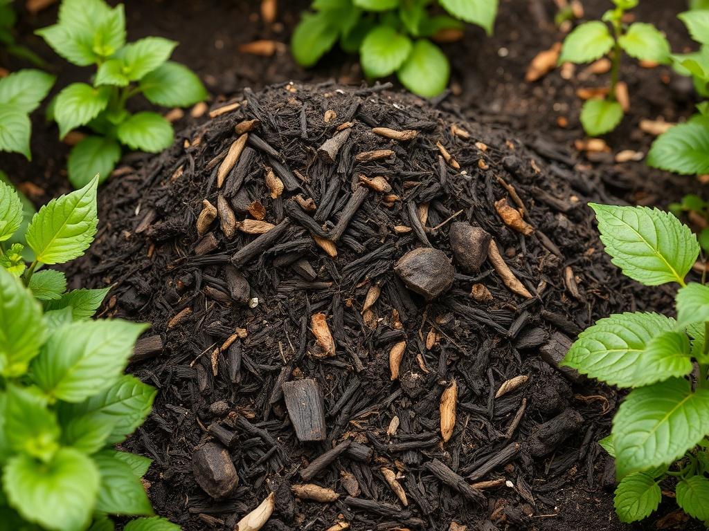 A heap of dark, rich compost with visible organic materials, surrounded by vibrant green plants in a garden setting, showcasing earthy textures and natural colors.