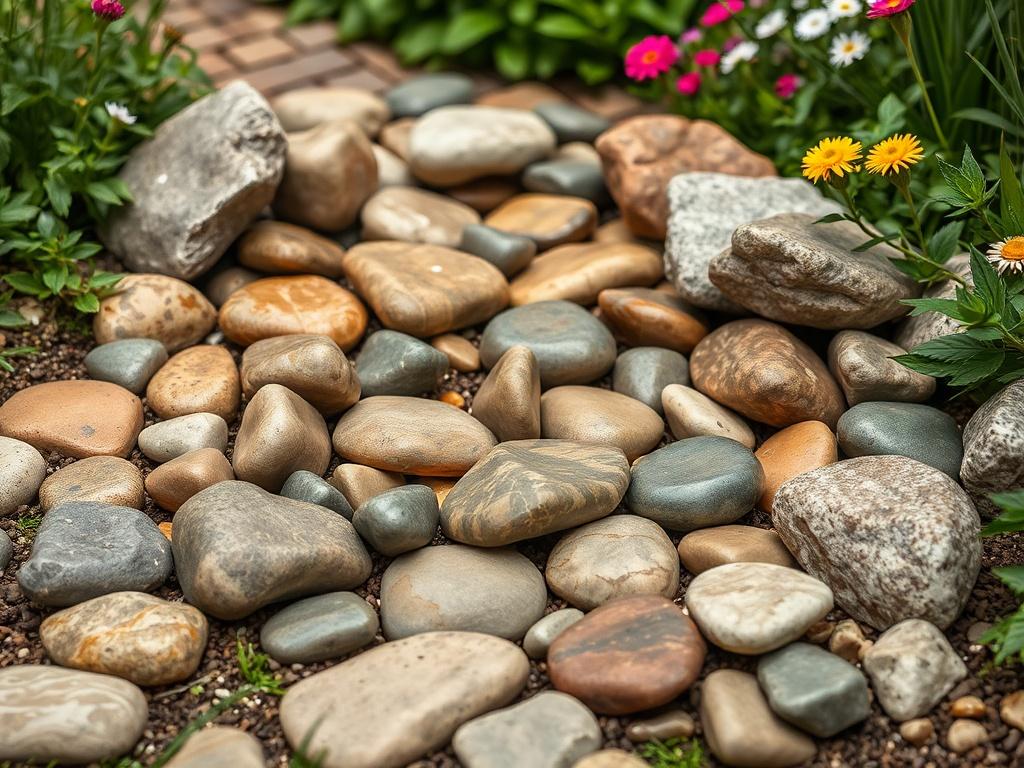 A spread of smooth, colorful decorative river rocks arranged in a garden path, surrounded by green foliage and flowers, reflecting a natural and inviting atmosphere.