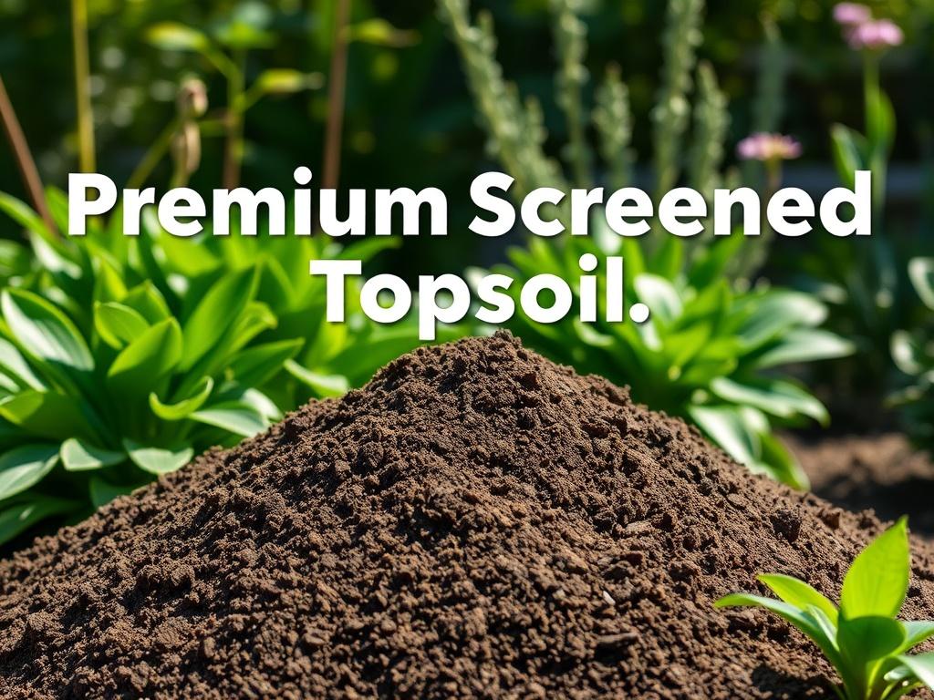 A realistic high-resolution photo of a pile of premium screened topsoil, displayed in natural sunlight with earthy textures, surrounded by lush green plants in a garden setting.
