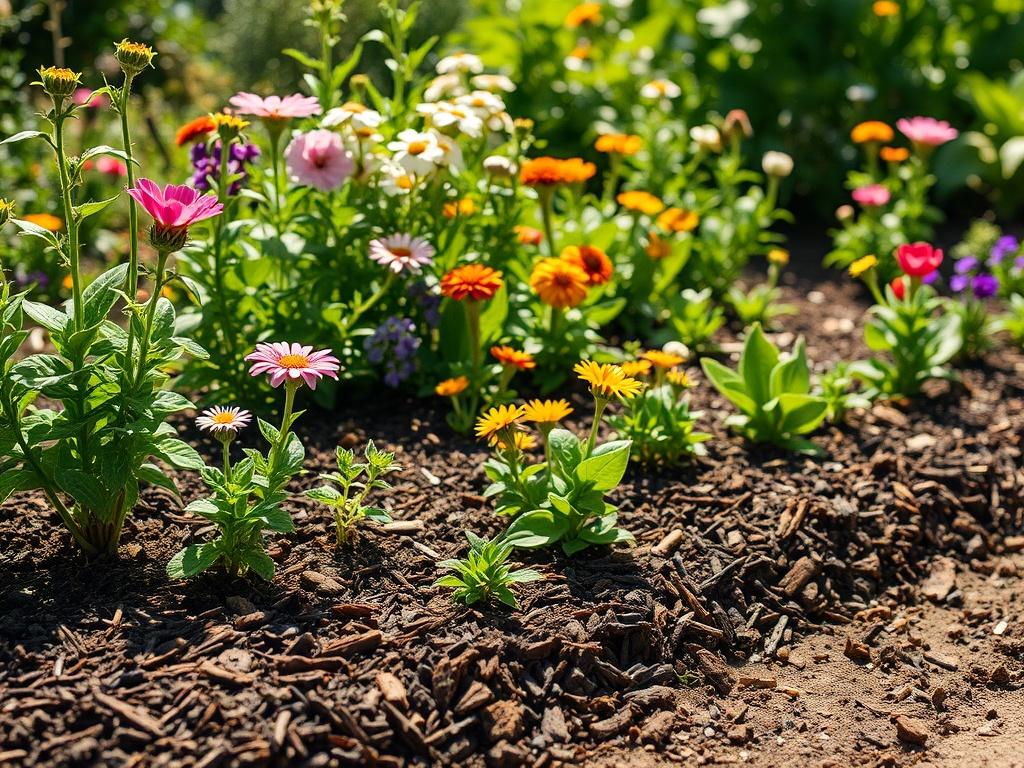 A realistic high-resolution photo of a lush garden bed enriched with quality mulch and compost, featuring vibrant plants and flowers flourishing in a sunny atmosphere.