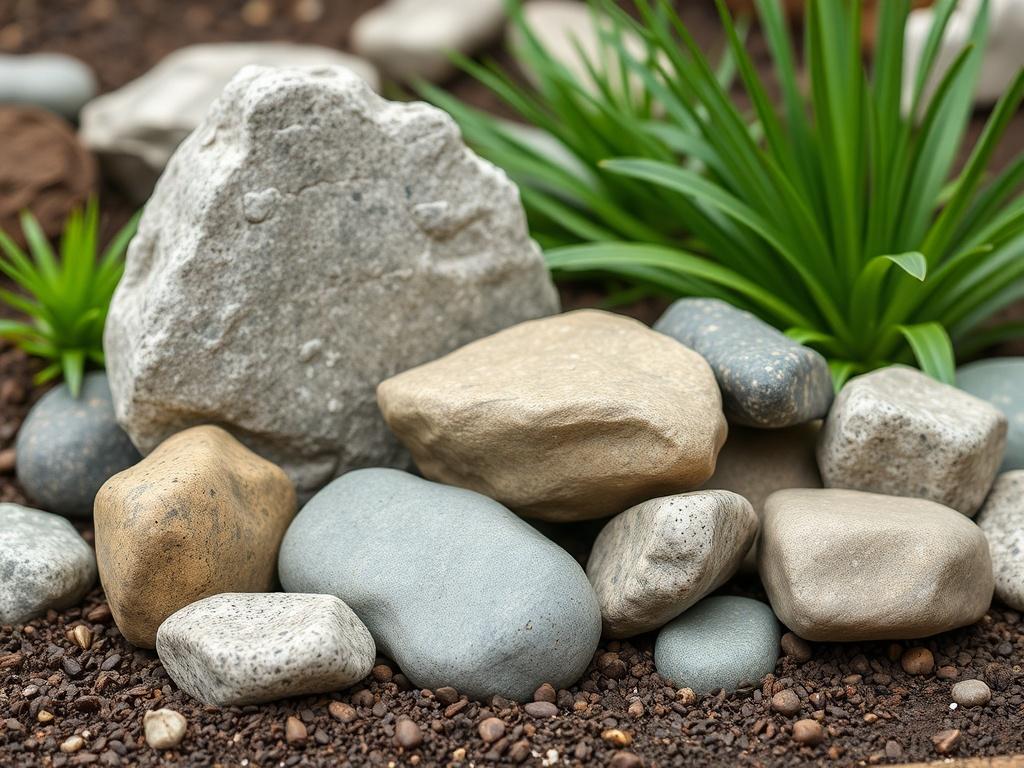 A realistic high-resolution photo of decorative river rocks arranged in a garden, showcasing different sizes and colors, with green plants in the background to highlight their beauty.