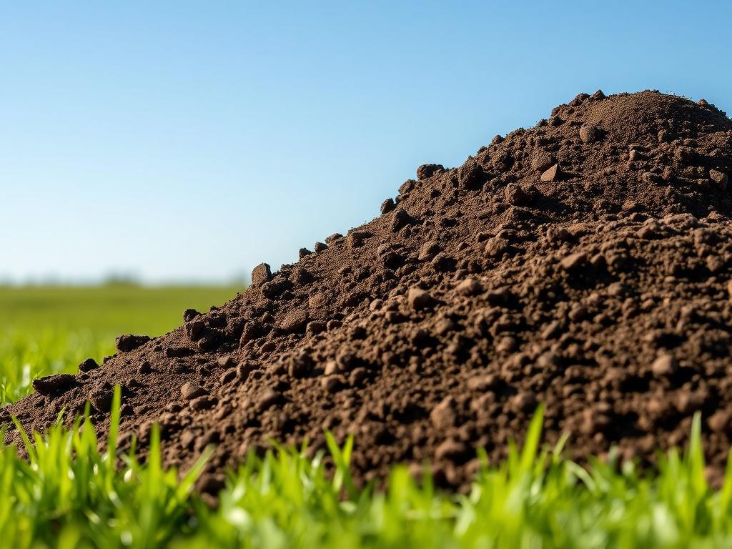 A realistic high-resolution image showcasing a pile of premium screened topsoil in a natural outdoor setting. The scene should reflect the earthy textures and tones of the soil, with green grass and a clear blue sky in the background. The composition should focus on the topsoil pile, emphasizing its quality and richness, while maintaining a simple and grounded aesthetic.