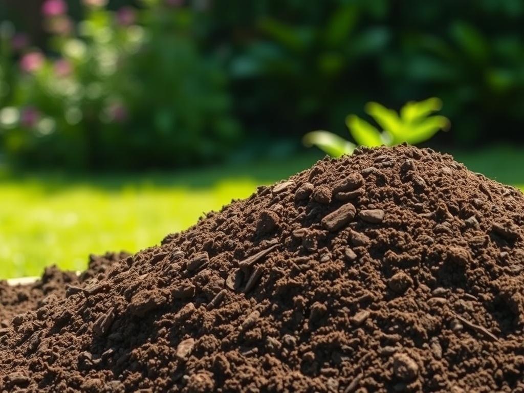 A realistic high-resolution image of premium screened topsoil in a mound, with rich, dark brown color, showcasing its texture and consistency. The background should be a clean, green garden setting, emphasizing the earthy tones of the topsoil in natural sunlight.