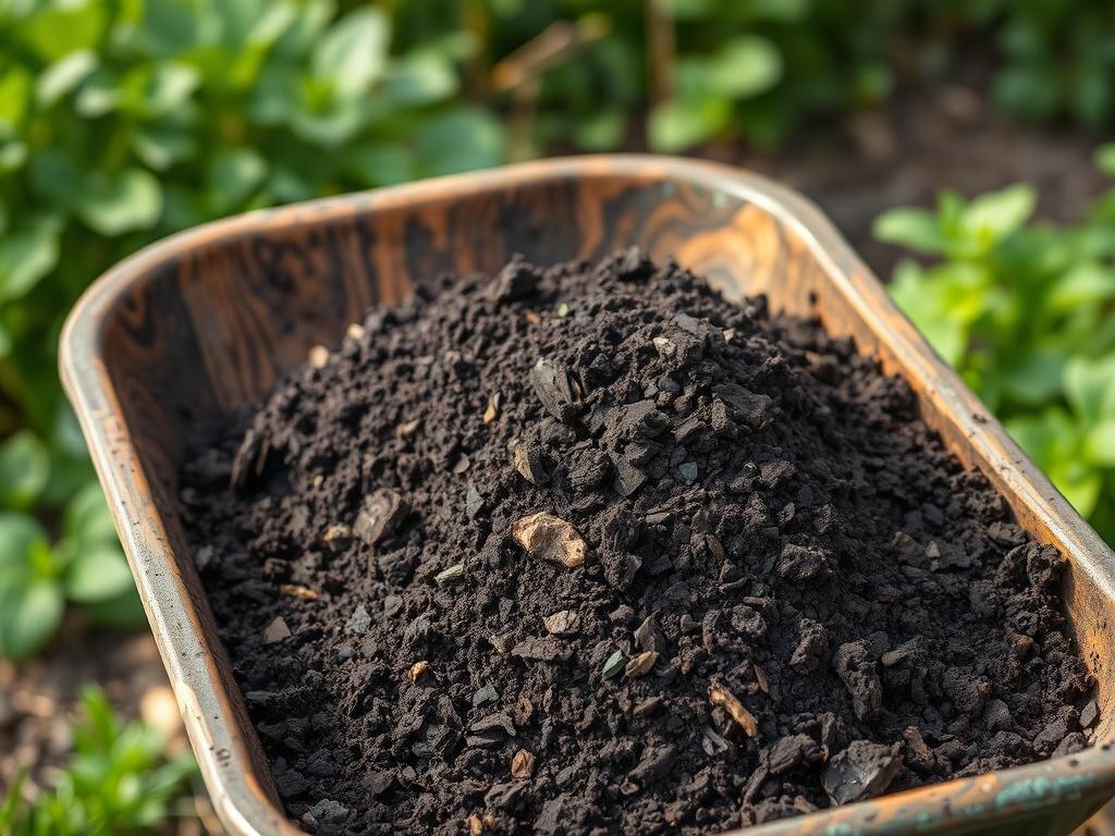 A realistic high-resolution image of dark, crumbly compost in a wheelbarrow, set against a backdrop of a lush green garden. The compost should appear rich and healthy, emphasizing its texture and organic materials under natural lighting.