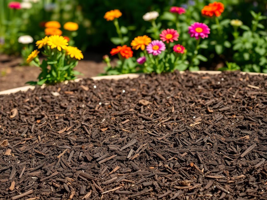 A vibrant, realistic high-resolution image of dark brown mulch spread evenly over a flower bed, with colorful blooming flowers in the background. The mulch should be shown in natural light, highlighting its texture and enhancing the visual appeal of the garden.
