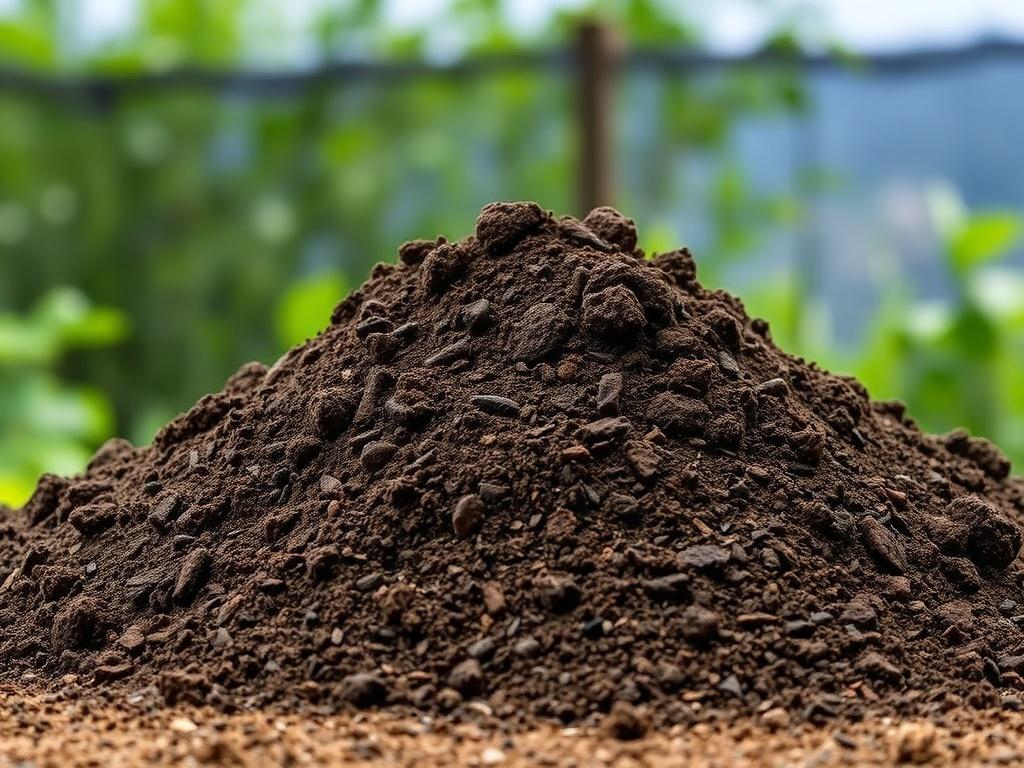 A realistic high-resolution photo of premium screened topsoil piled in a mound, showcasing its rich, dark brown color and fine texture. The background should feature a natural setting, perhaps with greenery or a blue sky, emphasizing the earthiness and quality of the topsoil. The composition should be straightforward, focusing solely on the topsoil with no other distractions.