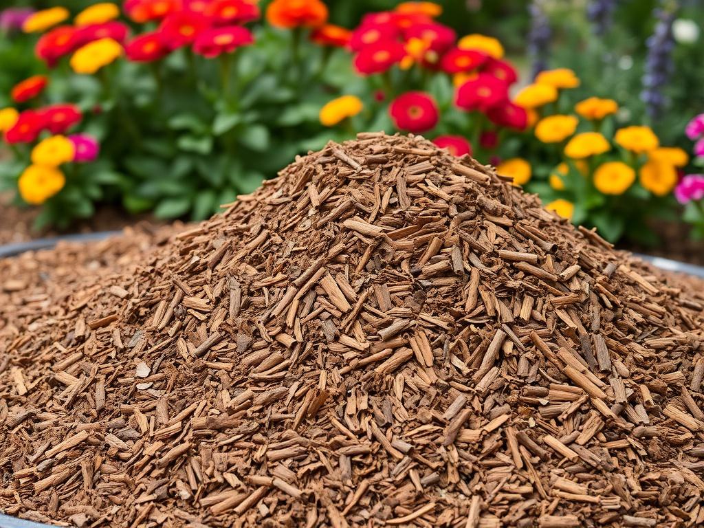 A realistic high-resolution photo of a pile of decorative mulch in rich brown tones, neatly arranged in a garden setting. The background should include vibrant flowers and greenery, highlighting the mulch's ability to enhance the beauty of the landscape. The composition should focus on the mulch, displaying its texture and color without distractions.