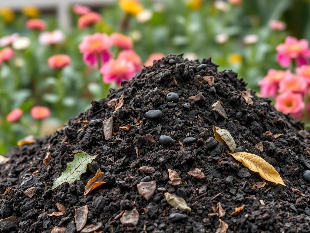 A realistic high-resolution photo of a pile of nutrient-rich compost, dark and crumbly, with visible organic materials like leaves and kitchen scraps. The background should depict a lush garden with blooming plants, emphasizing the compost's role in promoting healthy growth. The composition should focus solely on the compost, showcasing its texture.