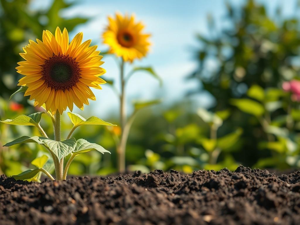 **AI Image Generation Prompt:**

Create a realistic high-resolution photo of a vibrant garden bed that features lush plants and rich, dark topsoil prominently. The garden should showcase a single thriving flower, such as a bold sunflower with its bright yellow petals and brown center, standing tall in the foreground. The flower should be framed by healthy green leaves, symbolizing vitality and growth.

In the background, gently blurred, include various shades of green foliage and a clear blue sky to create a serene, inviting atmosphere. The focus should be on the sunflower and the quality of the topsoil, which should appear rich and textured, highlighting its ability to nourish the plants.

Ensure the lighting is warm and natural, casting soft shadows that enhance the earthy tones of the soil. The overall composition should be simple and clear, showcasing the beauty of quality topsoil and its transformative effect on garden health and aesthetics.

Incorporate a rustic aesthetic, emphasizing a grounded and harmonious connection with nature. The final image should evoke a sense of growth and the promise of a flourishing garden, inviting viewers to learn about how premium topsoil can transform their gardening experiences.