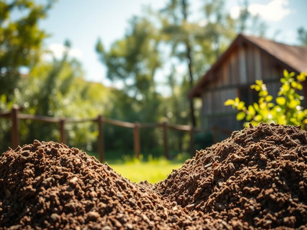 A rustic scene featuring a pile of premium screened topsoil in natural earthy tones, with a backdrop of lush greenery and a clear blue sky. The focus is on the texture of the soil, showcasing its quality and richness, with soft sunlight illuminating the scene, creating a warm, inviting atmosphere.