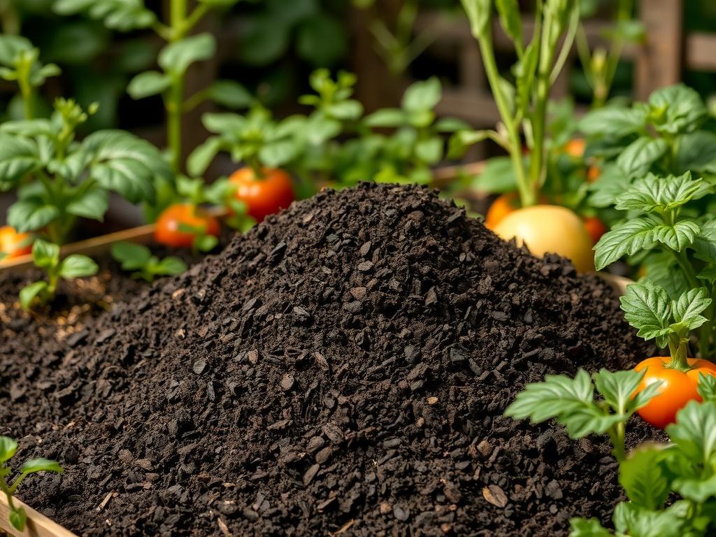 A high-resolution image of a pile of rich, dark compost in a garden setting, surrounded by healthy plants and vegetables. The compost should look fresh and earthy, with a textured surface, conveying its quality and suitability for gardening.