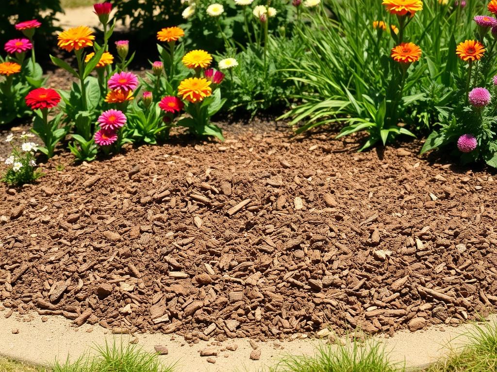 A realistic high-resolution image of natural mulch spread across a flower bed, with vibrant flowers and greenery around it. The mulch should appear well-placed and freshly applied, showcasing its texture and color in a sunny outdoor setting.