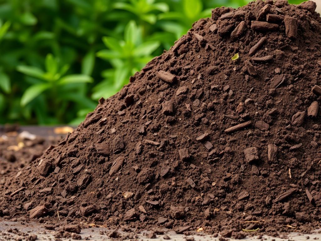 A high-resolution image of a pile of premium screened topsoil in a natural outdoor setting, with lush greenery in the background, showcasing its rich, dark brown color and fine texture. The composition should focus solely on the topsoil, highlighting its quality and readiness for use.
