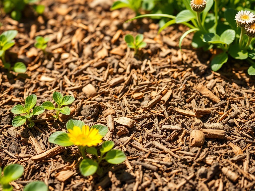 A close-up, high-resolution image of natural mulch spread over garden soil. The mulch should have rich, earthy colors with a variety of textures, surrounded by vibrant green plants and flowers. Natural sunlight highlights the details and creates a warm, welcoming atmosphere.