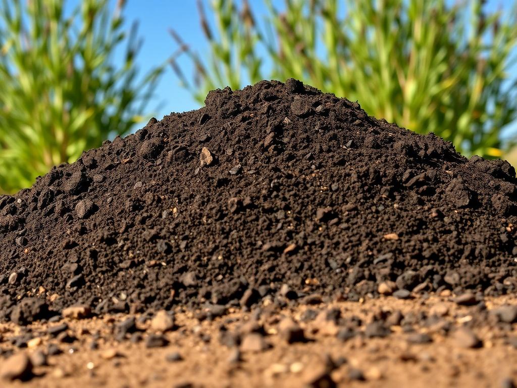 A high-resolution image of premium screened topsoil, presented in a rustic landscape setting. The focus should be on a mound of rich, dark topsoil, with a background of green plants and a clear blue sky. Soft natural lighting enhances the earthy tones and textures of the soil, creating a grounded and inviting atmosphere.
