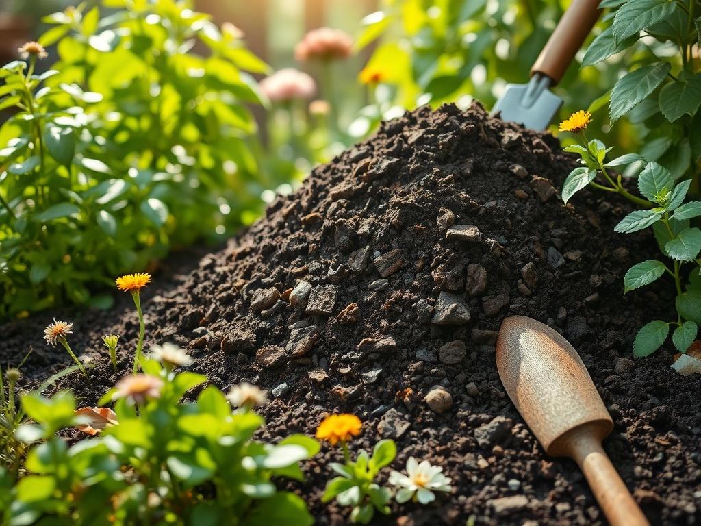 A high-resolution image showcasing a pile of rich organic compost, set in a lush garden environment. The compost should appear dark and crumbly, surrounded by green plants, flowers, and garden tools. Soft sunlight filters through the leaves, creating an inviting and vibrant scene.