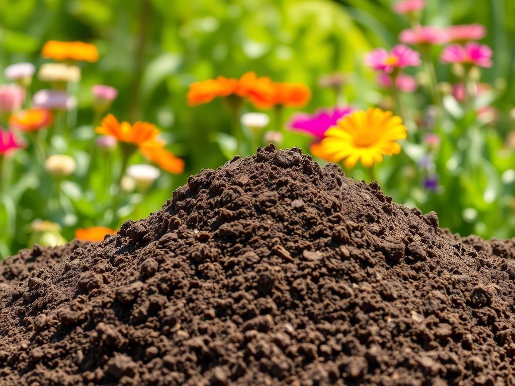 A realistic high-resolution photo of a mound of premium screened soil with a rich, earthy texture. The background features a sunny garden setting with vibrant flowers and greenery, emphasizing the soil's quality and its role in gardening.