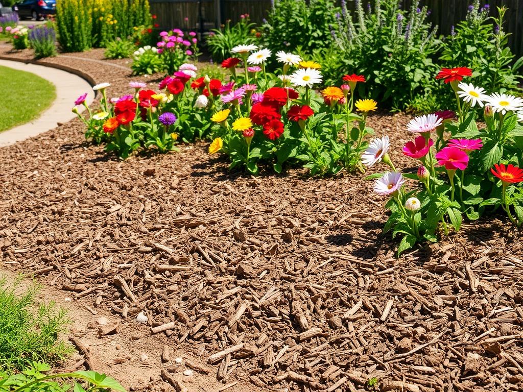 A realistic high-resolution photo of a bed of organic mulch spread around vibrant flowers and plants in a well-maintained garden. The mulch has a natural brown color, and the background shows a sunny day, highlighting the beauty of the landscape.