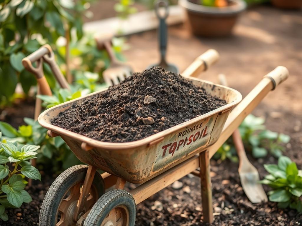 A realistic high-resolution image of premium screened topsoil in a rustic wheelbarrow, surrounded by green plants and garden tools. The background should be a soft-focus garden setting, showcasing the earthy tones of the soil and vibrant colors of the plants.