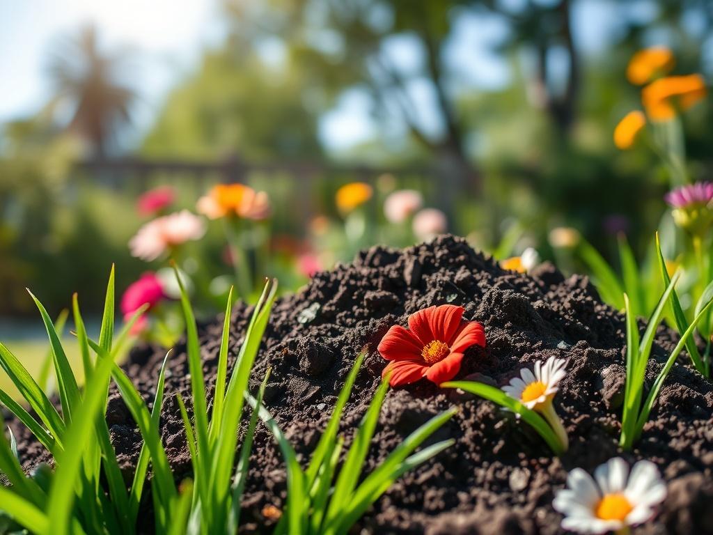 Create a realistic high-resolution photo that captures a single subject: a close-up view of high-quality, rich, premium topsoil in a garden setting. The topsoil should appear dark, crumbly, and well-aerated, showcasing its texture and organic matter. Surround the topsoil with vibrant green grass blades and a few colorful garden flowers to provide a natural contrast, emphasizing its importance for healthy plant growth. 

The background should depict a sunny, serene garden scene with a soft-focus effect, hint