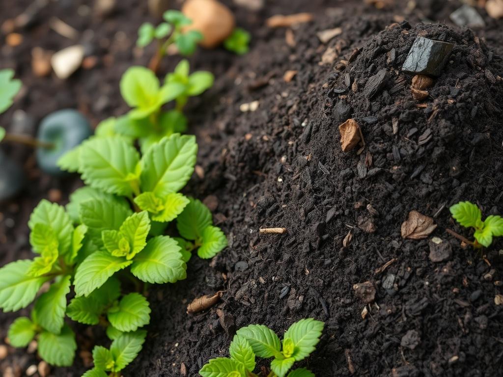A realistic high-resolution photo of organic compost in a garden with vibrant plants. The compost should appear rich and dark, with a focus on its texture, surrounded by green foliage to illustrate its beneficial impact on plant health.