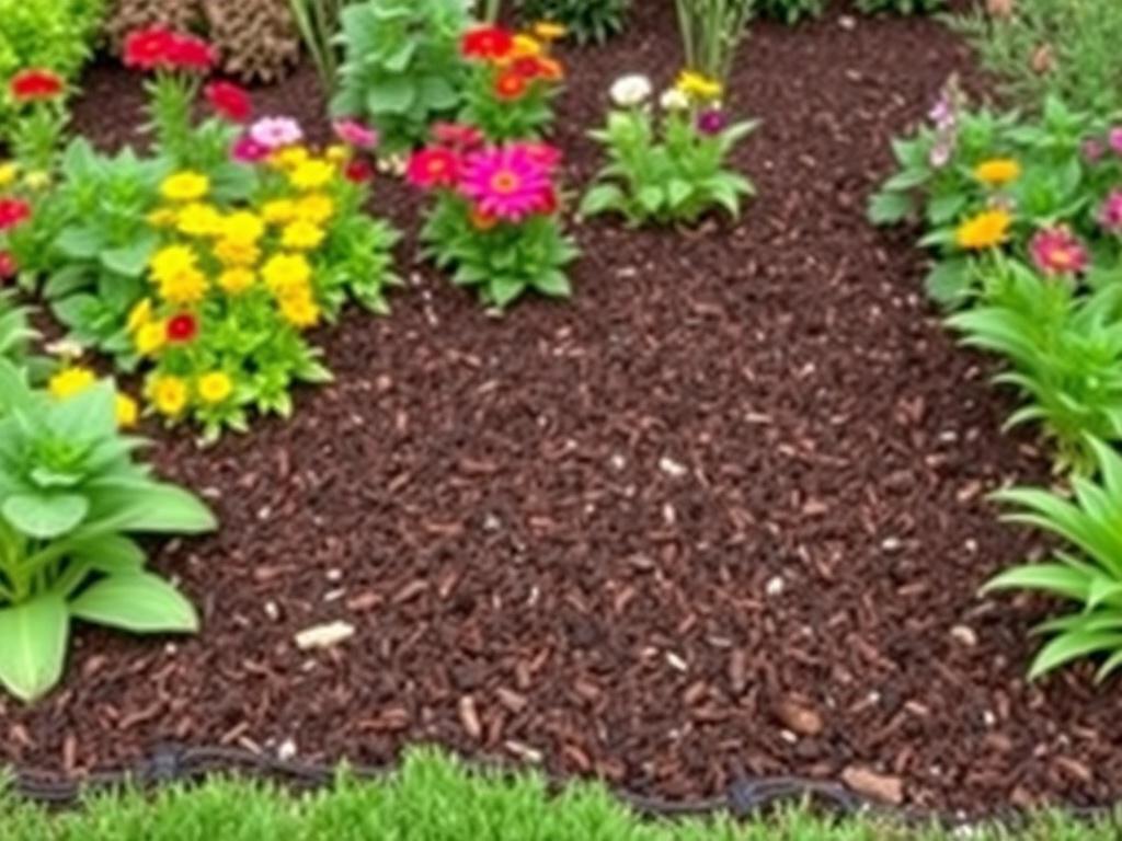 A realistic high-resolution photo of a garden bed covered with a layer of dark brown mulch, surrounded by colorful flowers and green plants, conveying a lush and well-maintained landscape. The image should have natural tones and textures, emphasizing the beauty and practicality of mulch.
