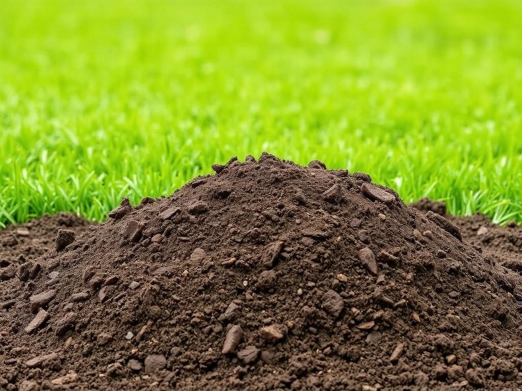 A realistic high-resolution photo of a mound of premium screened topsoil, with a lush green lawn in the background, showcasing the rich, earthy texture of the soil. The image should have natural tones and a rustic aesthetic, emphasizing the quality of the topsoil.