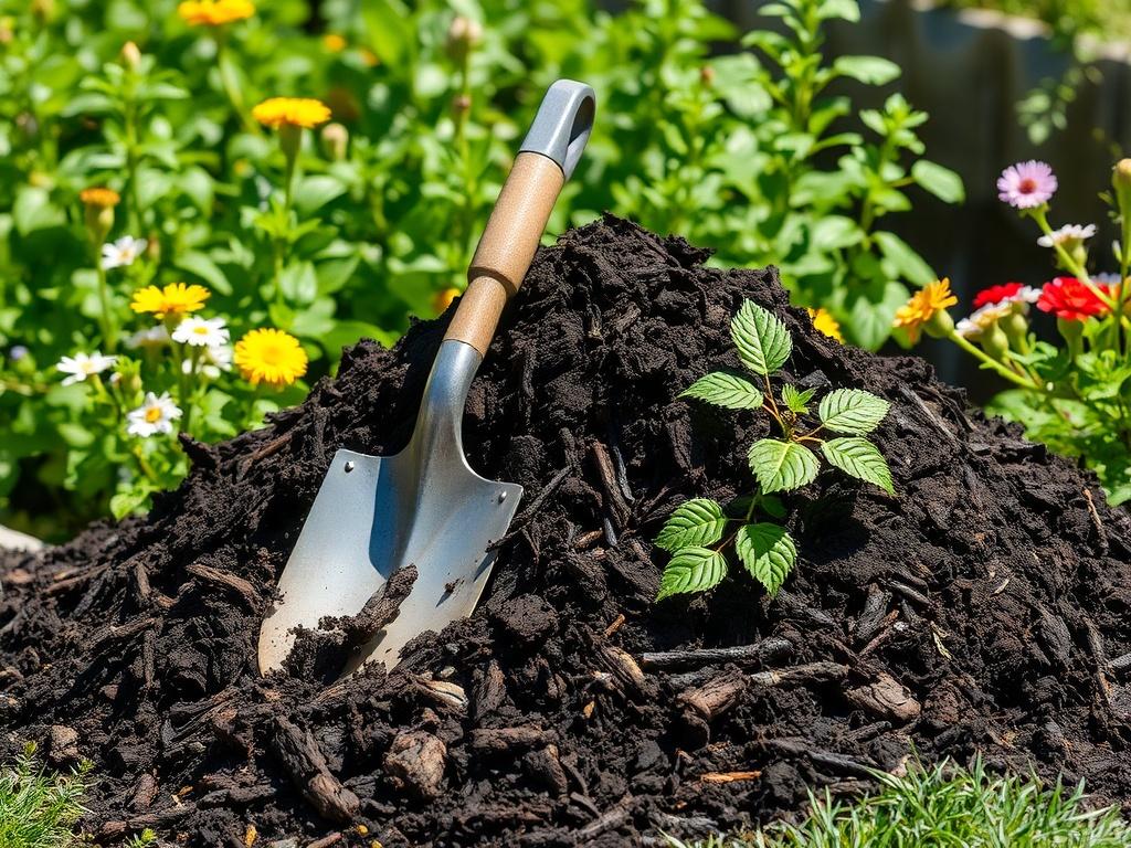 A realistic high-resolution photo of a pile of rich, dark compost, with a spade leaning against it, surrounded by thriving green plants and flowers. The image should capture the earthy texture and organic nature of the compost, set in a bright, sunny garden.