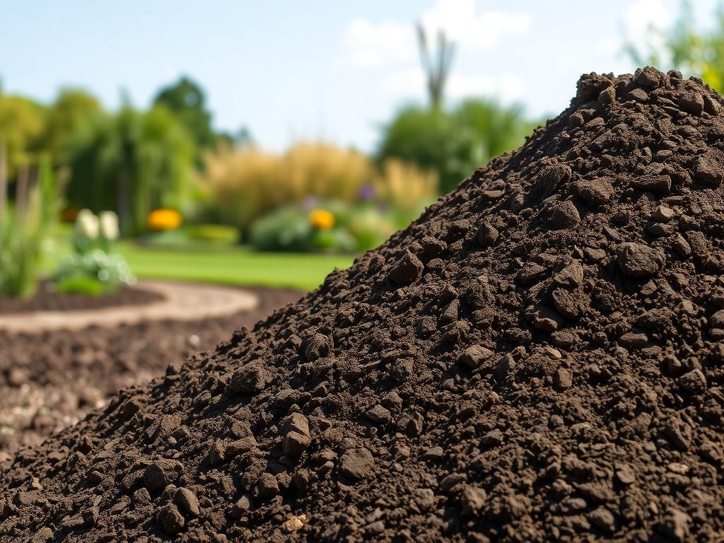 A rustic landscape scene featuring a pile of high-quality, screened topsoil. The foreground should show the texture of the soil, with earthy tones and a natural setting. The background should depict a serene garden with greenery and a clear blue sky, enhancing the theme of landscaping and quality materials.