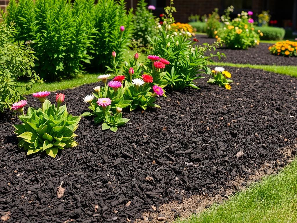 A realistic high-resolution photo of a freshly mulched garden bed, featuring rich, dark mulch spread evenly around vibrant plants and flowers. The background is a well-maintained garden with a sunny sky, highlighting the contrast of the mulch with the green foliage. The image captures the beauty and functionality of mulch in landscaping.