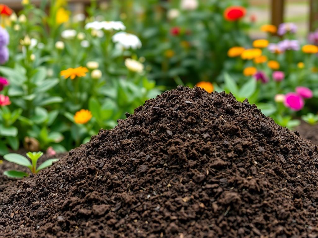A realistic high-resolution photo of premium screened topsoil in a garden setting, showcasing rich, dark brown soil with a fine texture. The background features a lush garden with vibrant plants and flowers, emphasizing the health and vitality provided by the topsoil. Natural lighting enhances the earthy tones and textures, creating a grounded, rustic aesthetic.