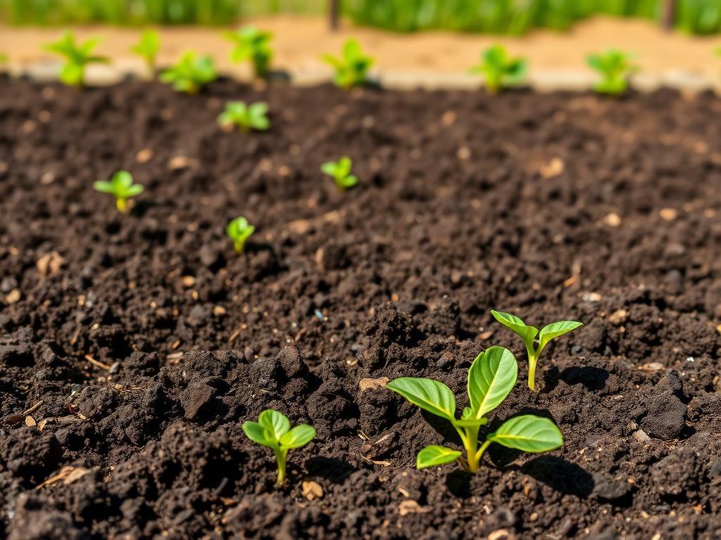 A high-resolution photo of a freshly tilled garden bed filled with rich, dark topsoil and vibrant green plants emerging. The background features a rustic garden landscape with natural earthy tones, showcasing a clear blue sky. The composition is simple and focused on the soil and plants, emphasizing the quality of the topsoil.