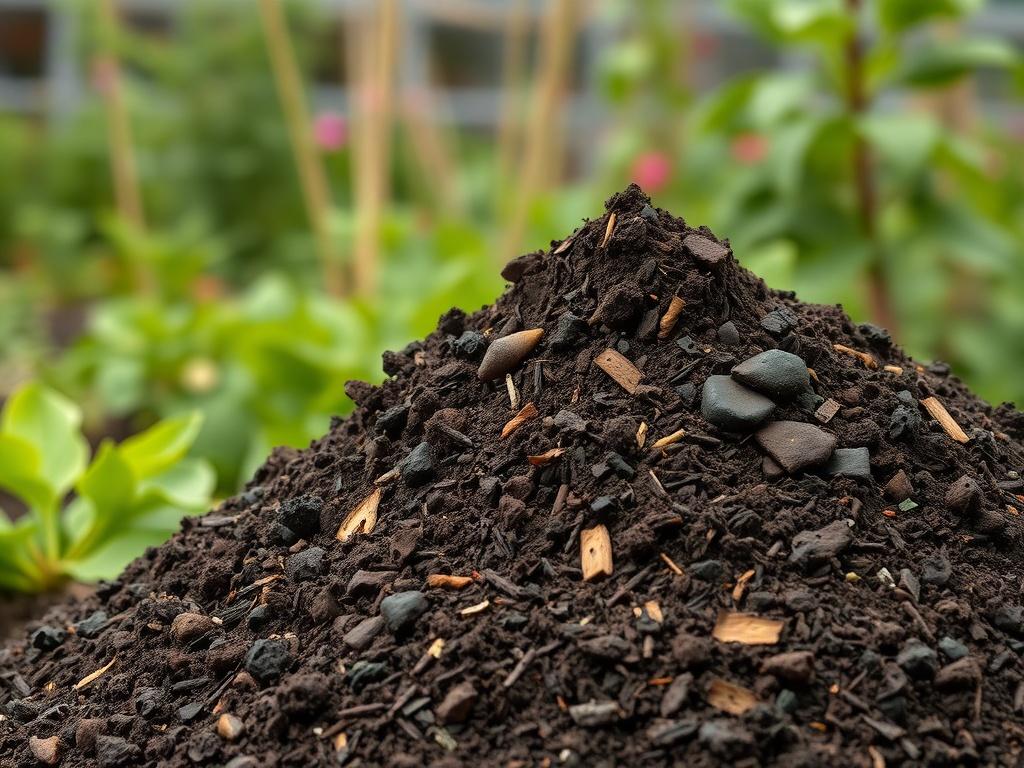 A realistic, high-resolution image of a pile of rich, dark compost, with visible organic materials. The background should feature a thriving garden, illustrating the compost's effectiveness in nourishing plants and enhancing soil health.
