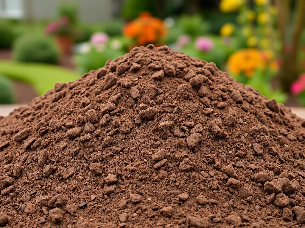 A realistic, high-resolution image of a pile of premium screened topsoil, showcasing its rich, earthy texture. The background should feature a well-maintained garden or landscape, emphasizing the soil's quality. Natural tones should dominate the composition, creating a grounded, rustic aesthetic.