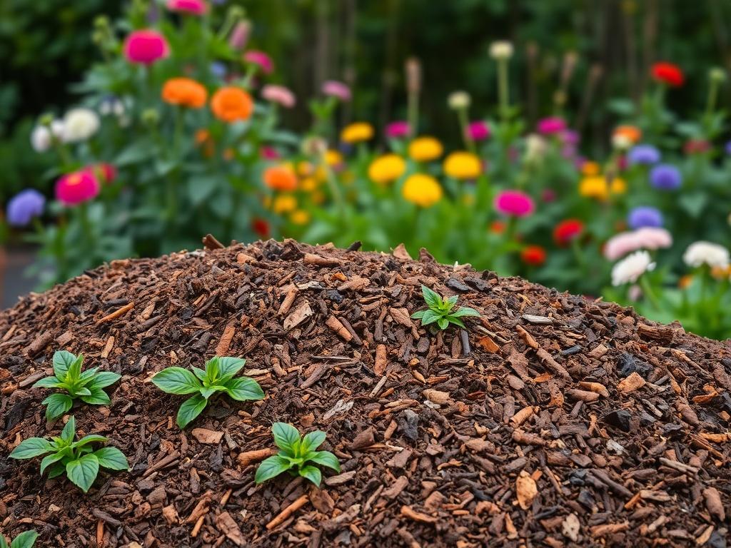 A realistic, high-resolution photo of freshly delivered mulch, with vibrant colors and textures, spread across a flower bed. The background should depict a lush garden, showcasing the mulch's application in enhancing the landscape's aesthetics.