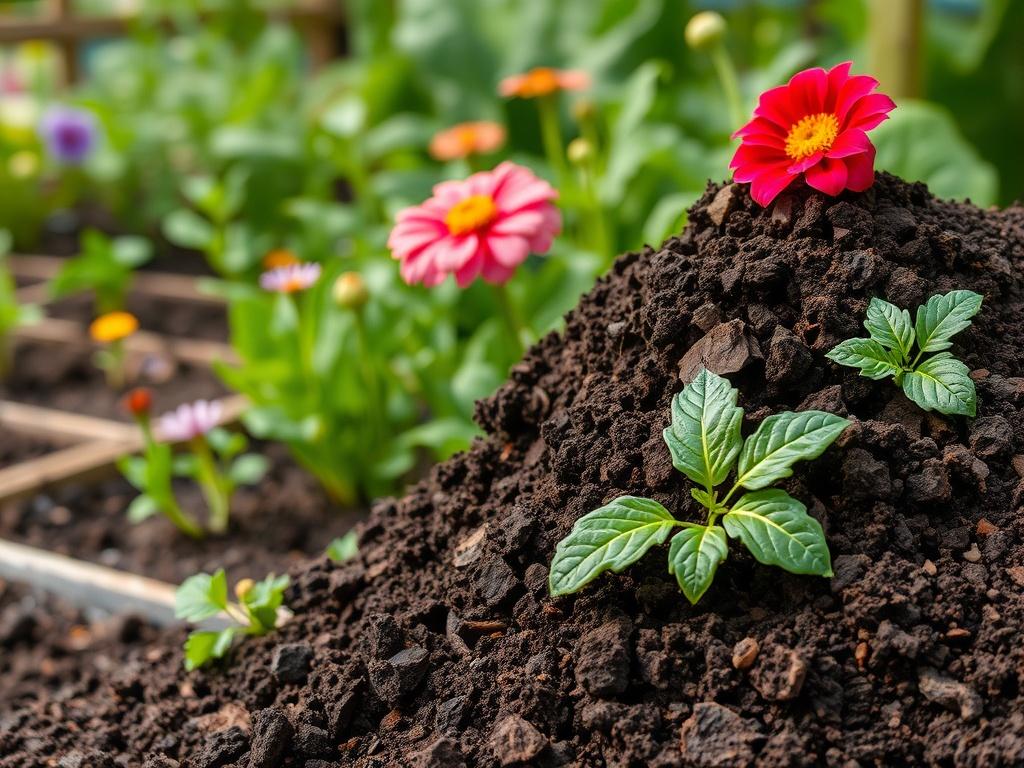A realistic high-resolution image of nutrient-rich compost, showcasing its dark, crumbly texture. The background features a lush garden with growing vegetables and flowers, illustrating the benefits of using compost.