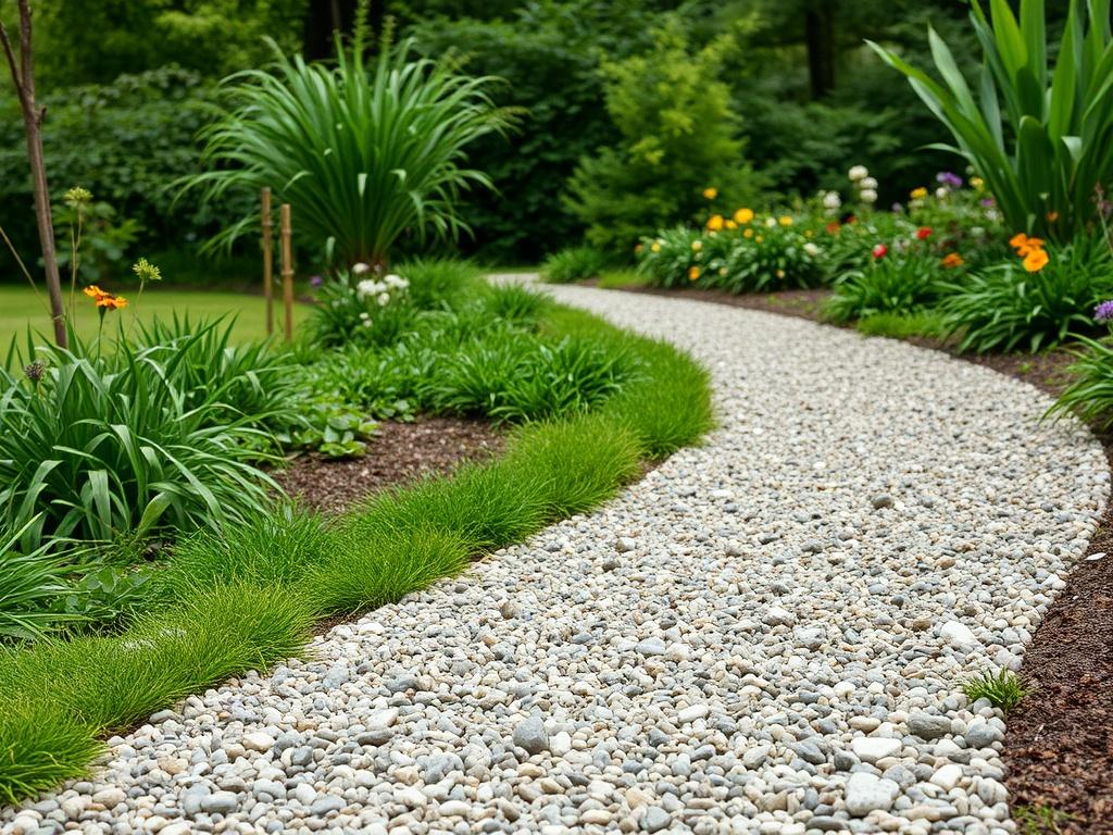 A realistic high-resolution photo of a gravel pathway winding through a lush garden. The gravel should be in various sizes and colors, creating a visually appealing contrast with the greenery around it. The background should depict a serene outdoor environment, emphasizing the gravel's practical application.