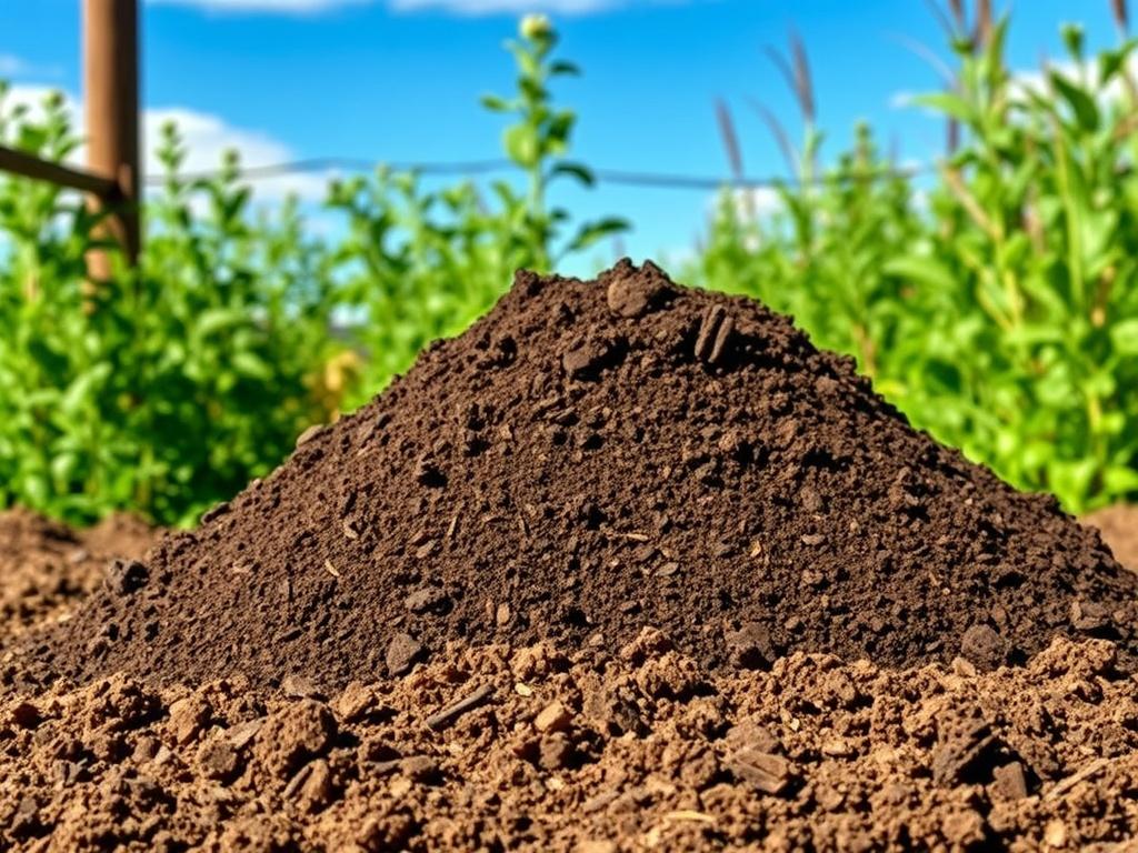 A realistic high-resolution photo of premium screened topsoil in a rustic setting. The topsoil should be displayed in a mound, showcasing its rich, dark color and earthy texture. The background should feature a natural landscape with green plants and blue skies, emphasizing the topsoil's suitability for gardening and landscaping.