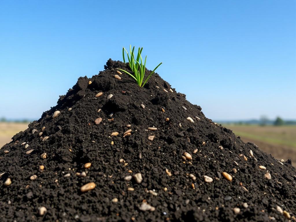 A high-resolution image of a pile of rich, dark topsoil with small pebbles and grass blades scattered on top, set against a rustic landscape background with a clear blue sky. The composition should be simple and focused, highlighting the texture of the soil and its earthy tones.