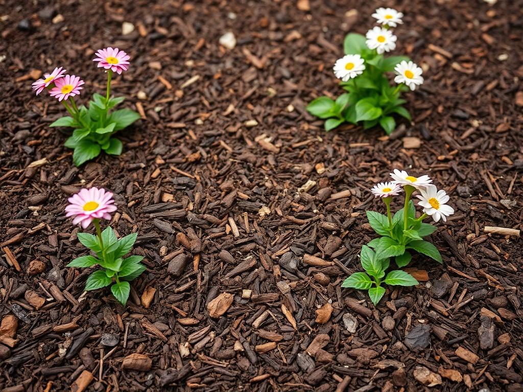 A realistic high-resolution photo of a vibrant garden bed covered with rich, dark mulch, highlighting the contrast with blooming flowers and greenery. The image should focus on the texture of the mulch, creating a warm and inviting atmosphere.