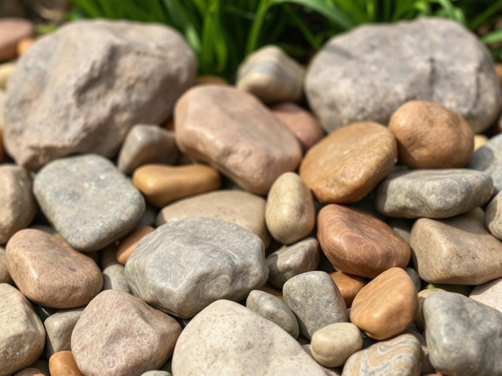 A detailed high-resolution photo of a variety of decorative river rocks in different shapes and colors, arranged in a natural outdoor setting. The focus should be on the smooth texture and earthy tones of the rocks, with green plants in the background.