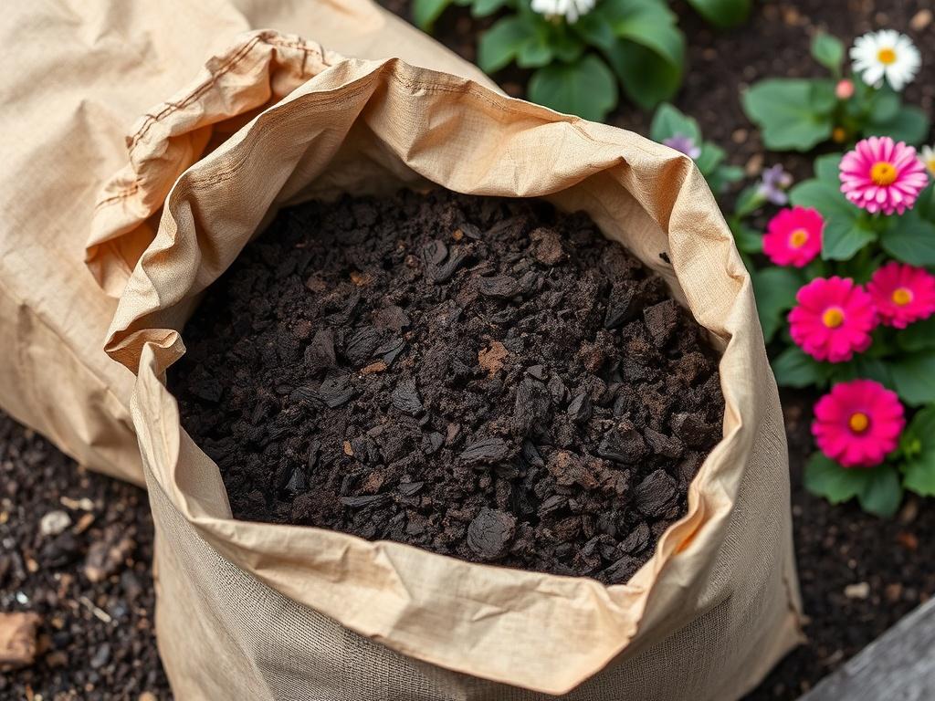 A realistic high-resolution photo of a bag of quality compost opened to reveal dark, crumbly compost, with a garden background featuring healthy plants and flowers. The image should convey the richness and texture of the compost.