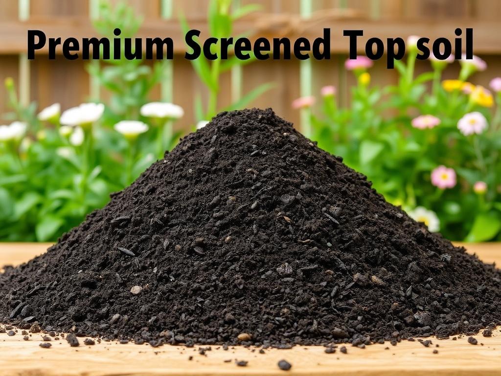 A realistic high-resolution photo of a pile of premium screened topsoil, showcasing its rich, dark color and fine texture. The background features a rustic garden setting with greenery and flowers, emphasizing the product's natural appeal.