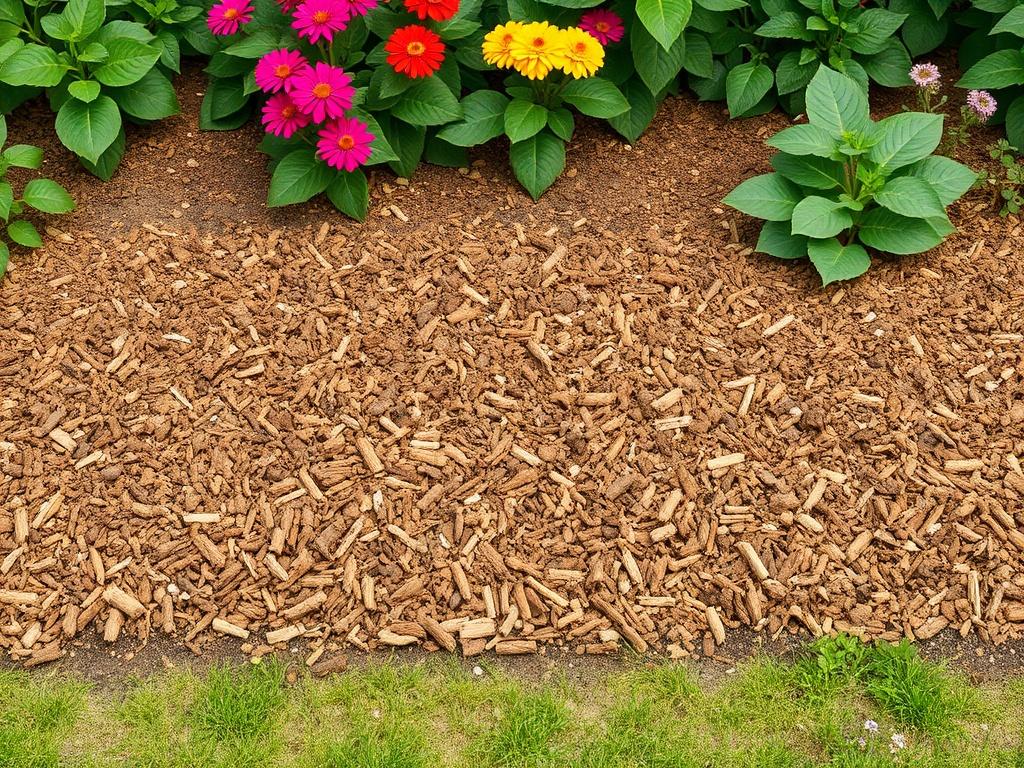 A realistic high-resolution photo of a fresh layer of natural mulch spread across a garden bed, surrounded by vibrant flowers and green plants. The composition should highlight the texture and color of the mulch against the lush backdrop.
