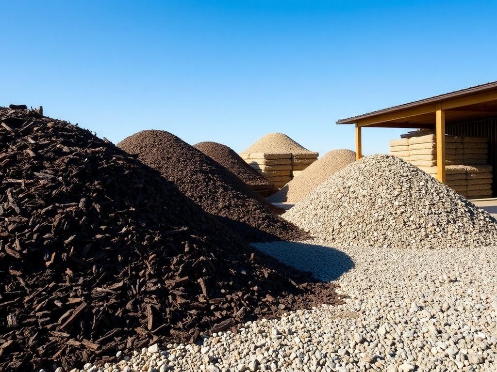 A realistic high-resolution image of a rustic landscape supply yard featuring piles of premium screened topsoil, mulch, and gravel in natural earthy tones. The setting should have a clear blue sky, showcasing the textures of the materials and emphasizing the grounded, rustic aesthetic.