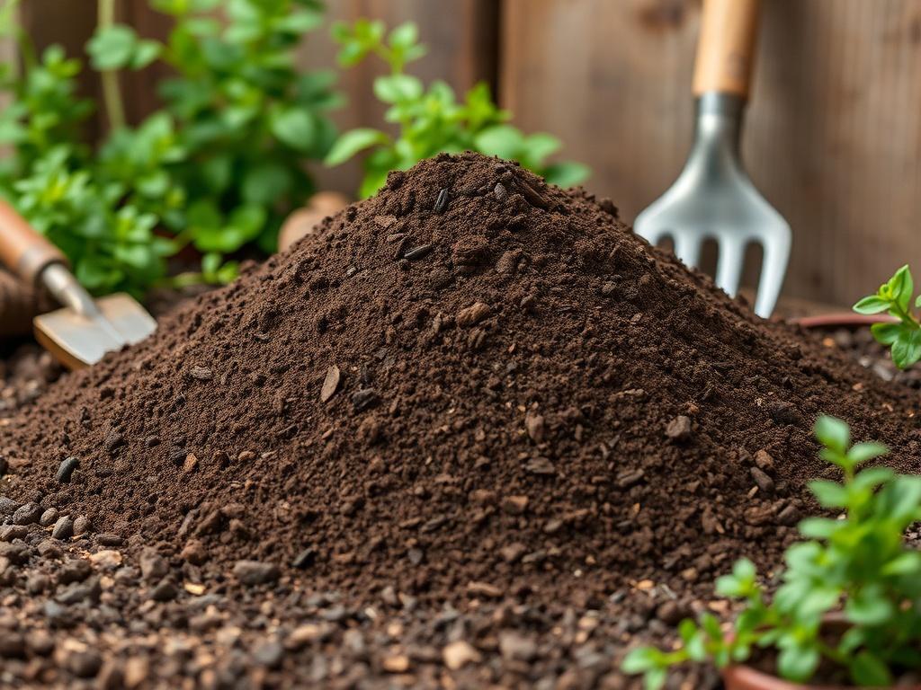 A high-resolution photo of premium screened topsoil in a rustic landscape, showing a pile of rich, dark brown soil with fine texture, surrounded by greenery and garden tools. The background is blurred to emphasize the soil, showcasing its quality in an earthy, natural setting.