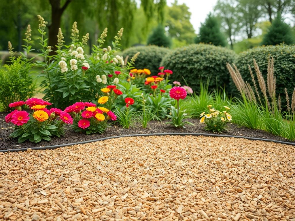 A high-resolution photo of colorful mulch spread out in a landscaped garden bed, featuring vibrant flowers and green plants. The mulch should be in natural tones, complementing the garden's aesthetic, set against a soft-focus background of trees and shrubs.