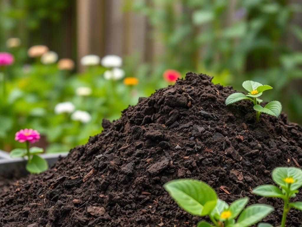 A high-resolution photo of rich, dark brown compost piled in a garden, surrounded by green plants and flowers. The composition should highlight the texture of the compost, with a blurred background of a thriving garden area, showcasing the benefits of healthy soil.