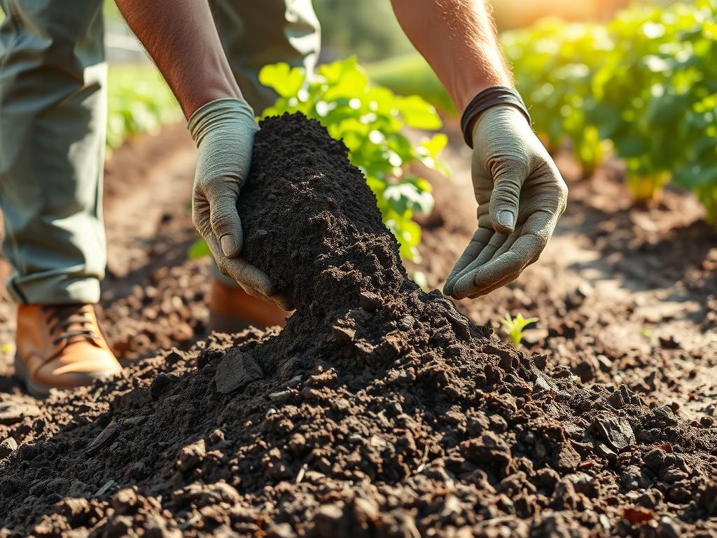 A realistic high-resolution photo of a gardener using nutrient-rich compost in a vegetable garden. The compost appears dark and crumbly, being spread over rich soil. Rows of healthy plants are visible in the background, with bright sunlight shining down, creating a vibrant and inviting scene.